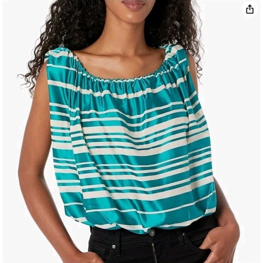 Trina Turk Blouse Womens Small Teal White Striped Bubble Hem Sleeveless